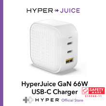 이미지를 갤러리 뷰어에 로드 , HyperJuice GaN 66W USB-C Charger — World's smallest 66W (2 x USB-C / 1 x USB-A) charger. Free worldwide pin converters.