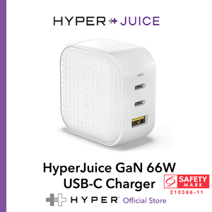 HyperJuice GaN 66W USB-C Charger — World's smallest 66W (2 x USB-C / 1 x USB-A) charger. Free worldwide pin  converters.